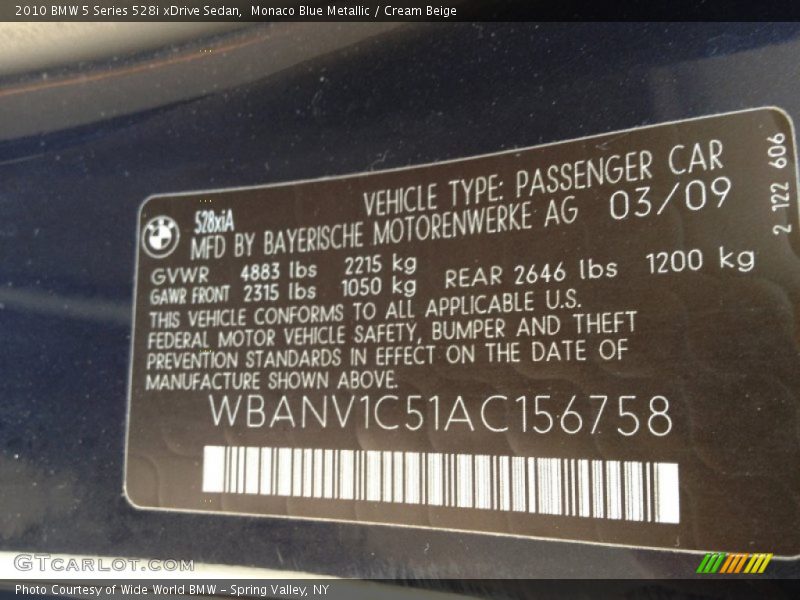 Monaco Blue Metallic / Cream Beige 2010 BMW 5 Series 528i xDrive Sedan
