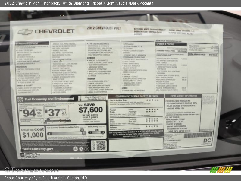  2012 Volt Hatchback Window Sticker