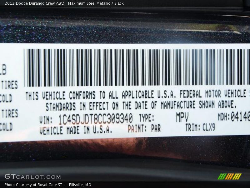 2012 Durango Crew AWD Maximum Steel Metallic Color Code PAR