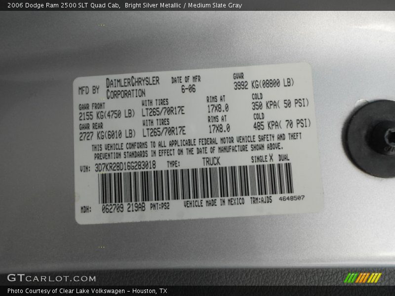 2006 Ram 2500 SLT Quad Cab Bright Silver Metallic Color Code PS2