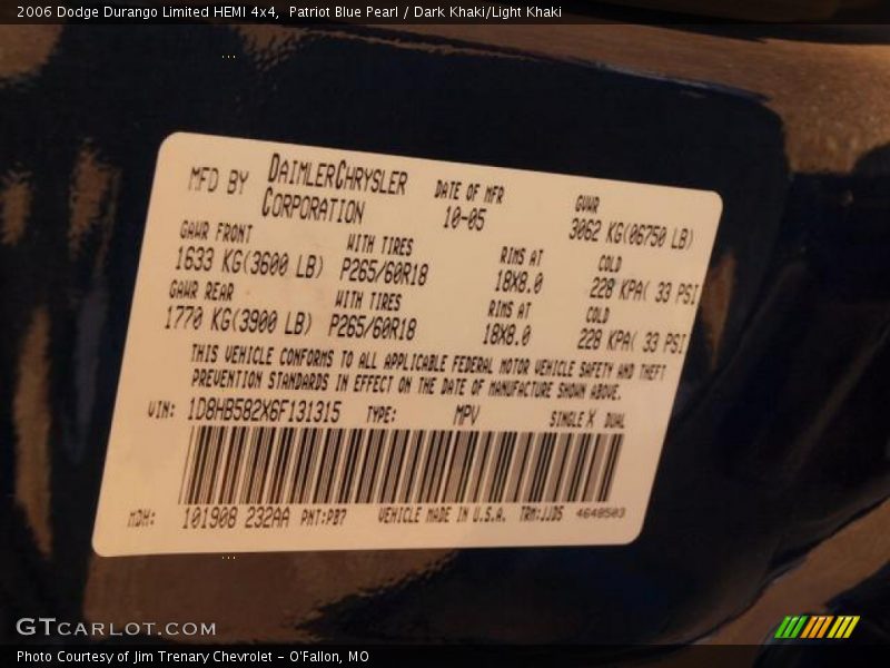 Patriot Blue Pearl / Dark Khaki/Light Khaki 2006 Dodge Durango Limited HEMI 4x4