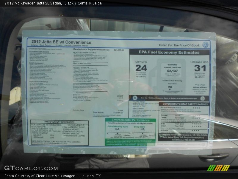 Black / Cornsilk Beige 2012 Volkswagen Jetta SE Sedan