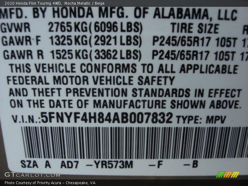 Mocha Metallic / Beige 2010 Honda Pilot Touring 4WD