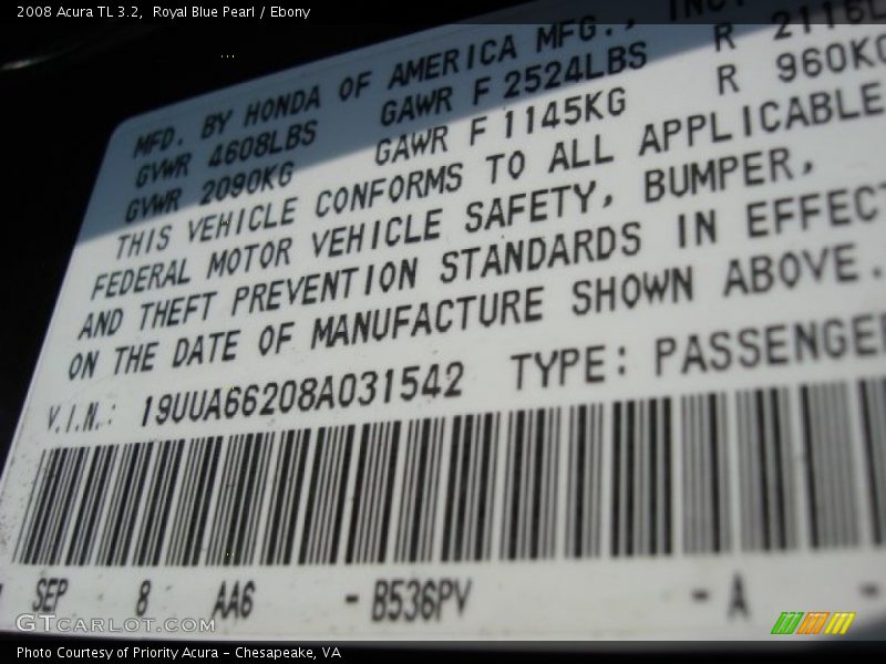 2008 TL 3.2 Royal Blue Pearl Color Code B536PV