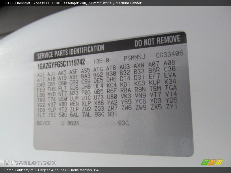 2012 Express LT 3500 Passenger Van Summit White Color Code 8624