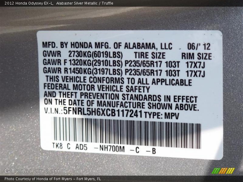 Alabaster Silver Metallic / Truffle 2012 Honda Odyssey EX-L