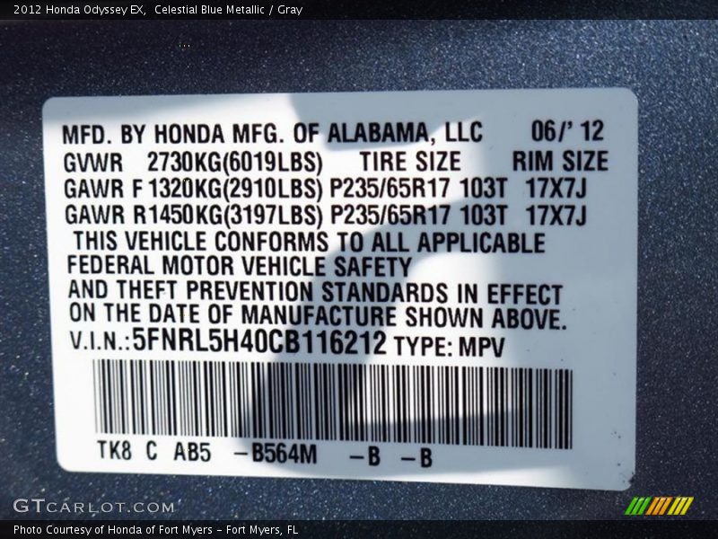 Celestial Blue Metallic / Gray 2012 Honda Odyssey EX