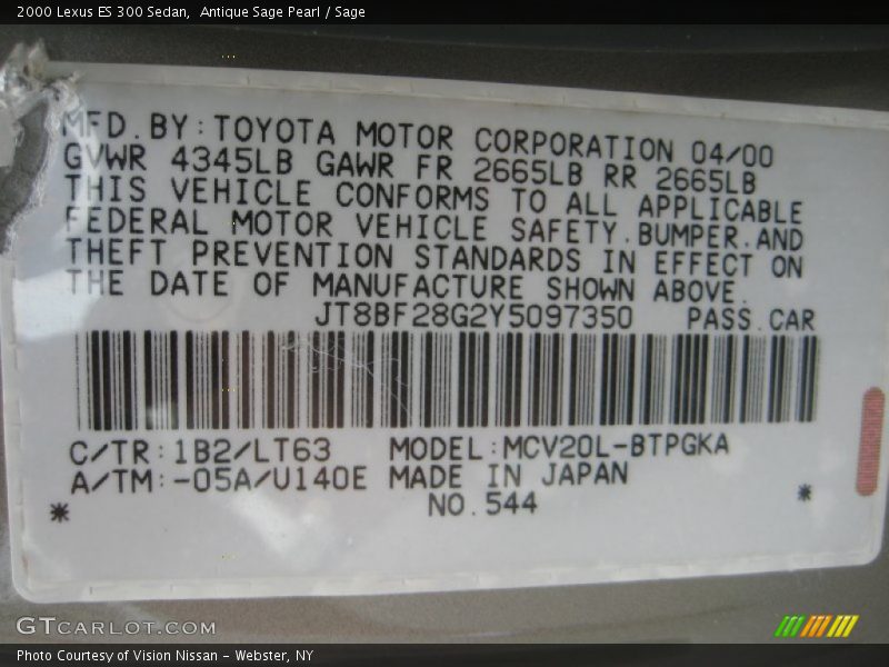 2000 ES 300 Sedan Antique Sage Pearl Color Code 1B2