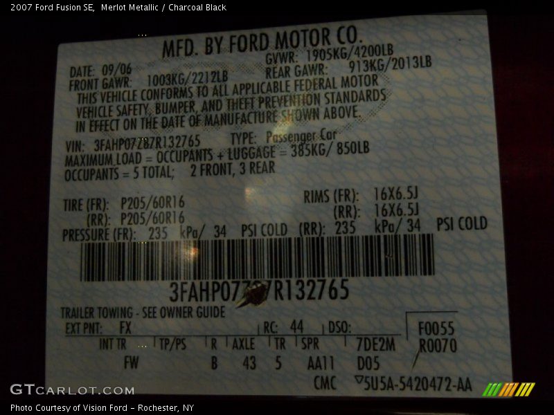 Merlot Metallic / Charcoal Black 2007 Ford Fusion SE