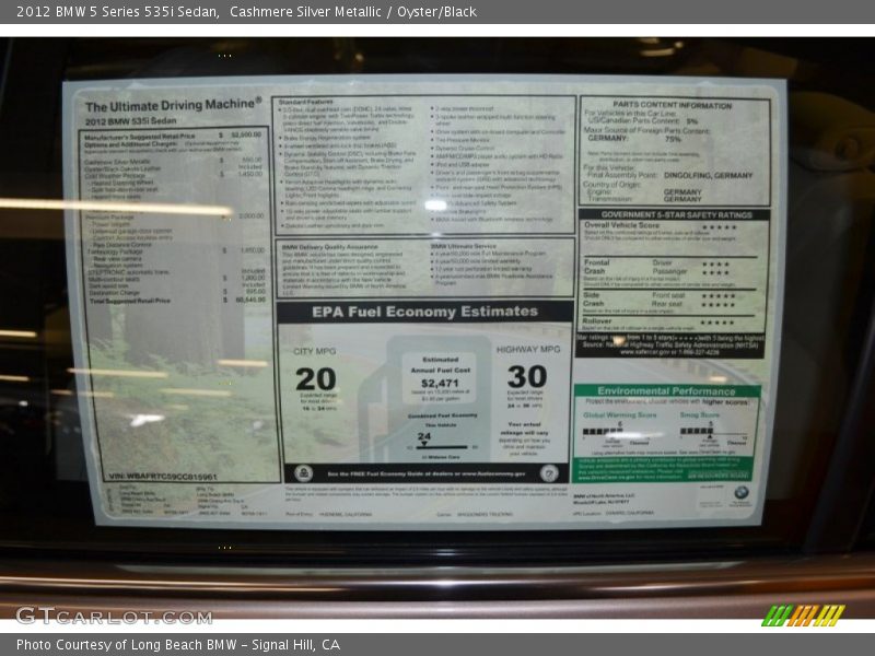  2012 5 Series 535i Sedan Window Sticker