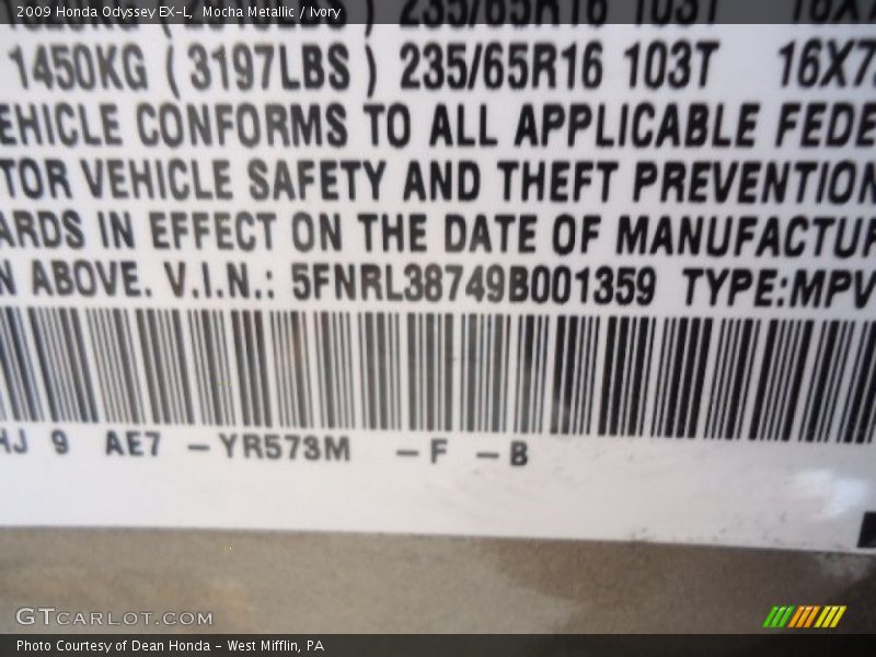 Mocha Metallic / Ivory 2009 Honda Odyssey EX-L