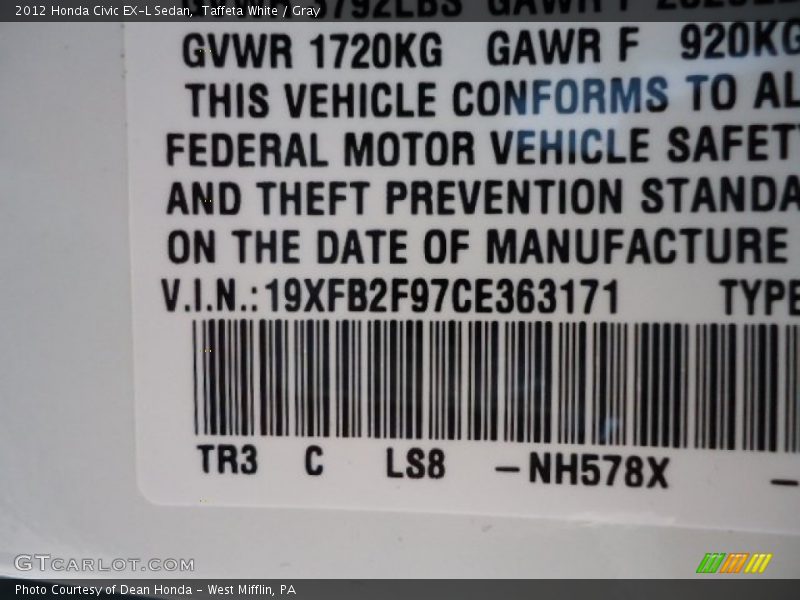 Taffeta White / Gray 2012 Honda Civic EX-L Sedan