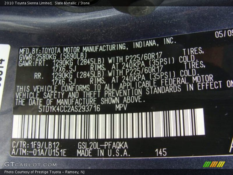 2010 Sienna Limited Slate Metallic Color Code 1F9