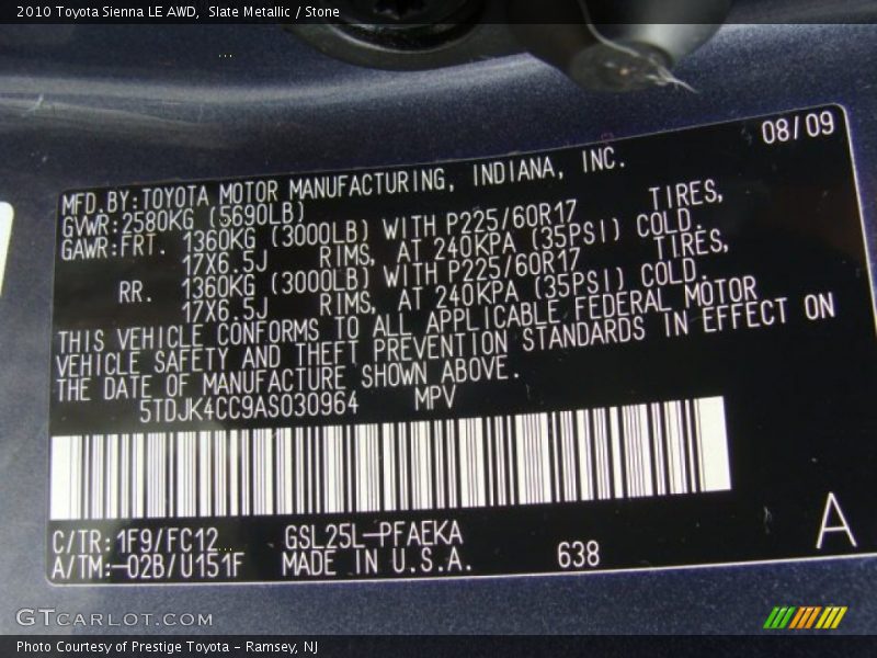 2010 Sienna LE AWD Slate Metallic Color Code 1F9