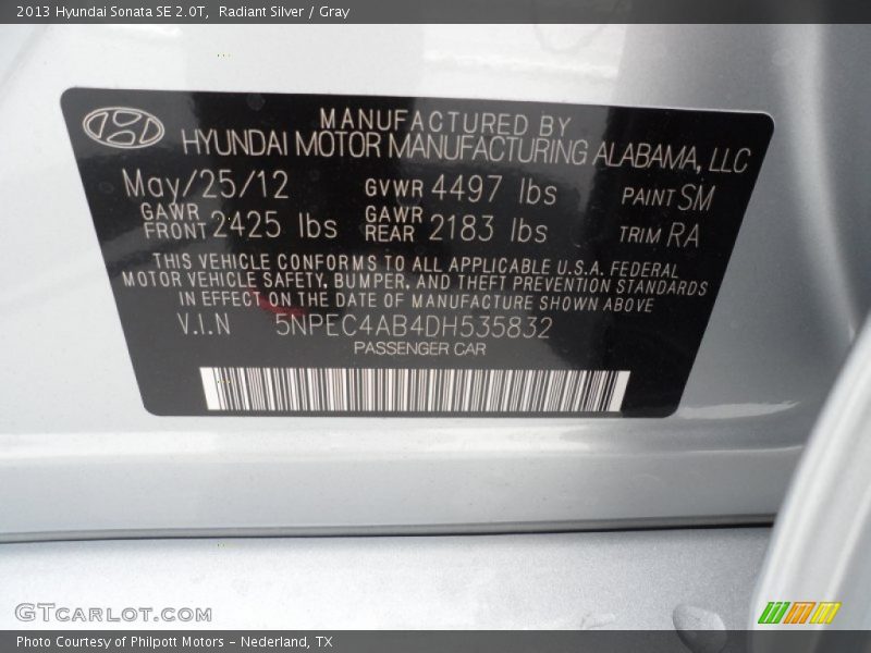 Radiant Silver / Gray 2013 Hyundai Sonata SE 2.0T