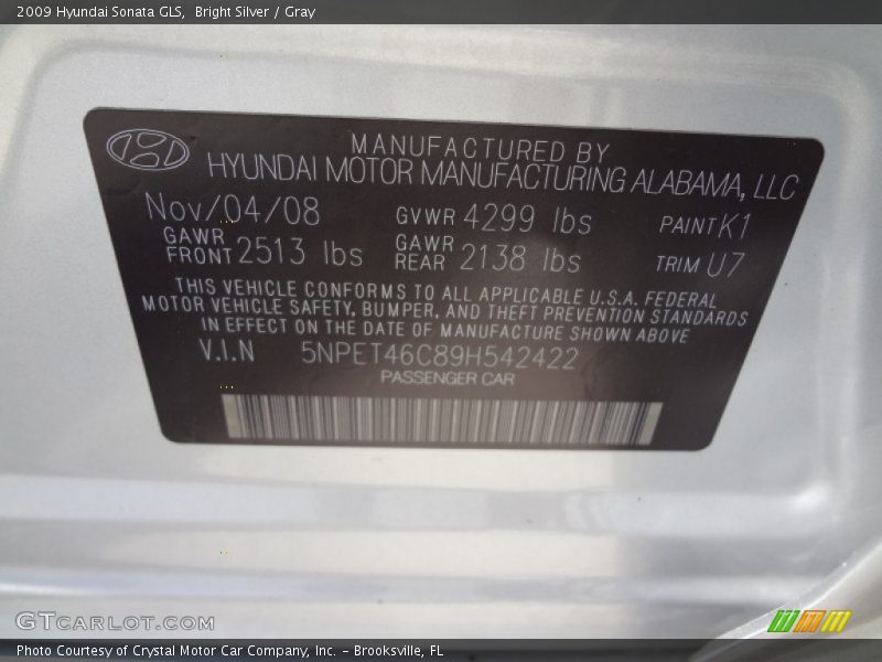 Bright Silver / Gray 2009 Hyundai Sonata GLS