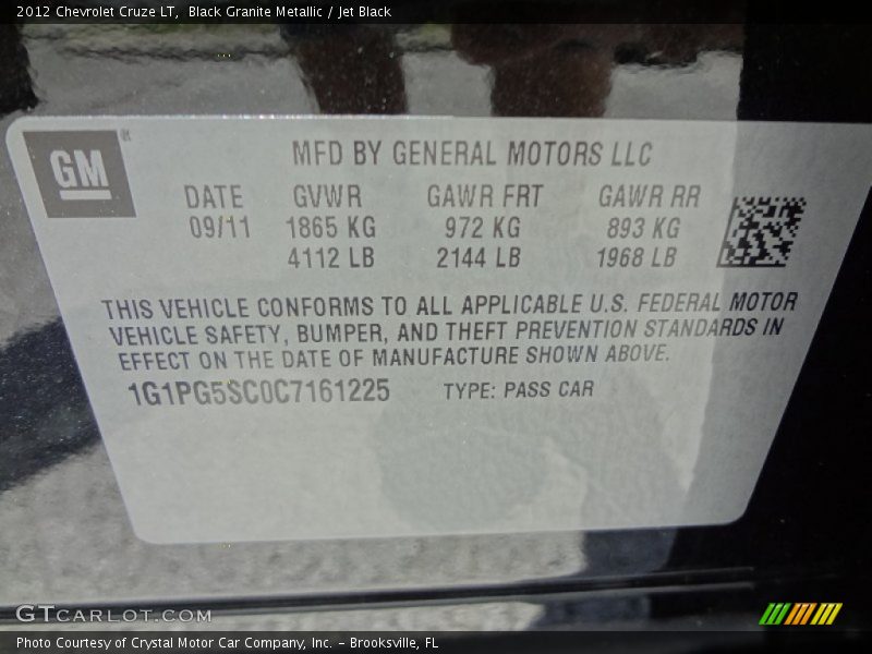 Black Granite Metallic / Jet Black 2012 Chevrolet Cruze LT