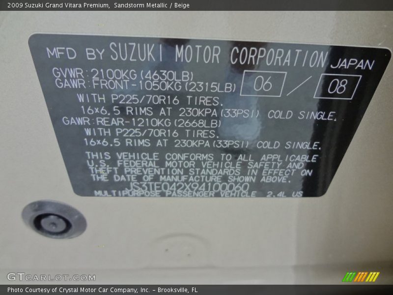 Sandstorm Metallic / Beige 2009 Suzuki Grand Vitara Premium