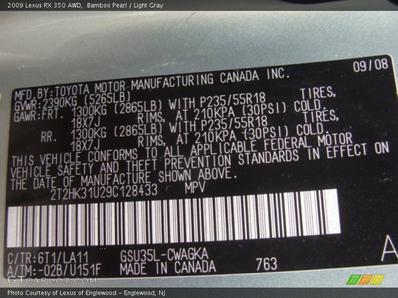Bamboo Pearl / Light Gray 2009 Lexus RX 350 AWD