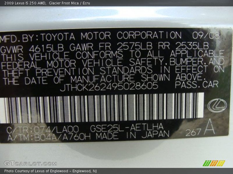 2009 IS 250 AWD Glacier Frost Mica Color Code 074