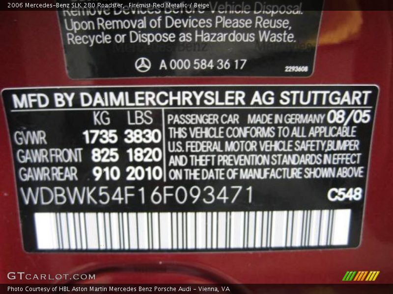 Firemist Red Metallic / Beige 2006 Mercedes-Benz SLK 280 Roadster