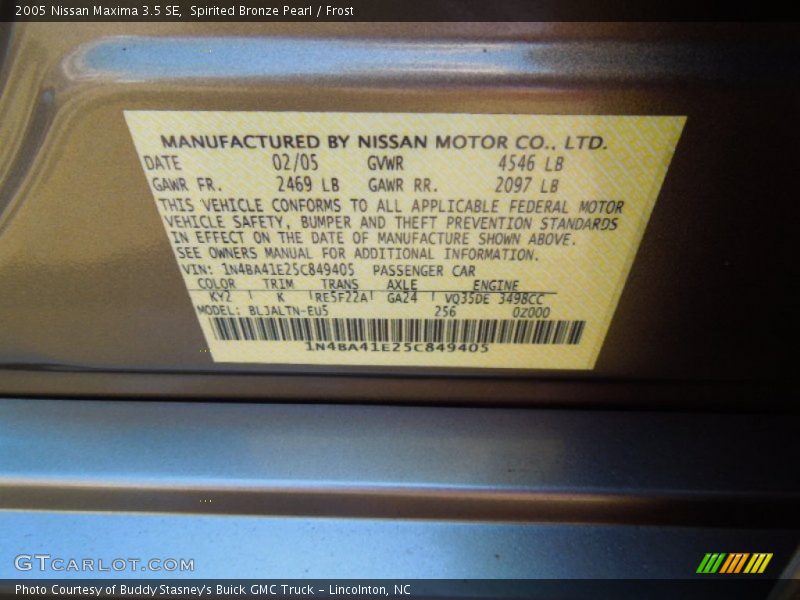 2005 Maxima 3.5 SE Spirited Bronze Pearl Color Code KY2