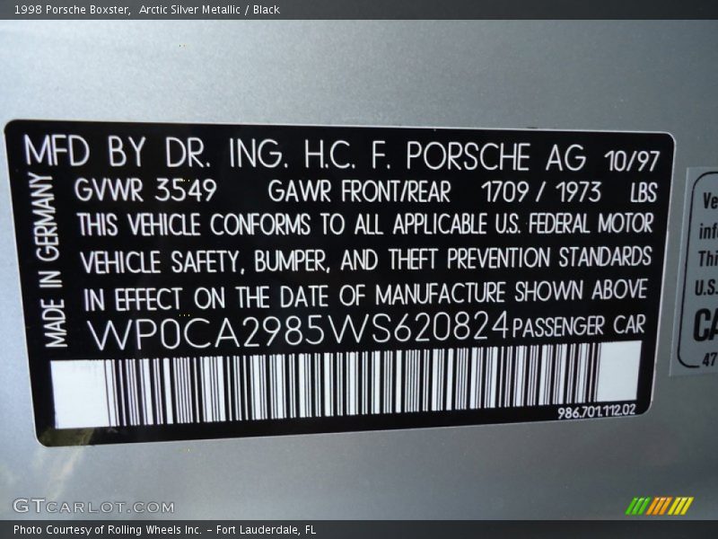 Info Tag of 1998 Boxster 