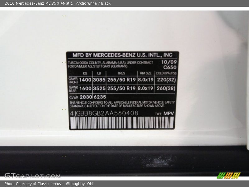 Arctic White / Black 2010 Mercedes-Benz ML 350 4Matic