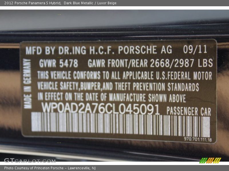 Dark Blue Metallic / Luxor Beige 2012 Porsche Panamera S Hybrid