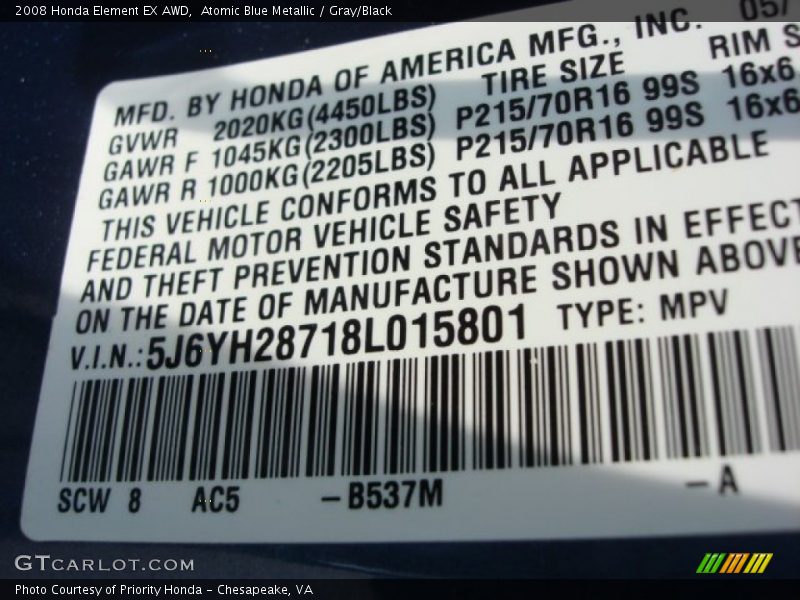 Atomic Blue Metallic / Gray/Black 2008 Honda Element EX AWD