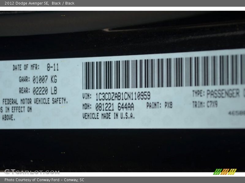 Black / Black 2012 Dodge Avenger SE