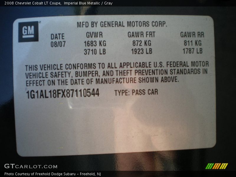 Imperial Blue Metallic / Gray 2008 Chevrolet Cobalt LT Coupe