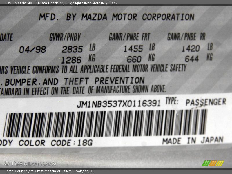 Highlight Silver Metallic / Black 1999 Mazda MX-5 Miata Roadster