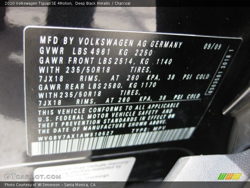 Deep Black Metallic / Charcoal 2010 Volkswagen Tiguan SE 4Motion