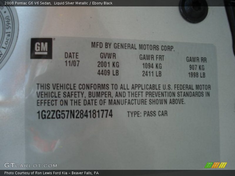 Liquid Silver Metallic / Ebony Black 2008 Pontiac G6 V6 Sedan
