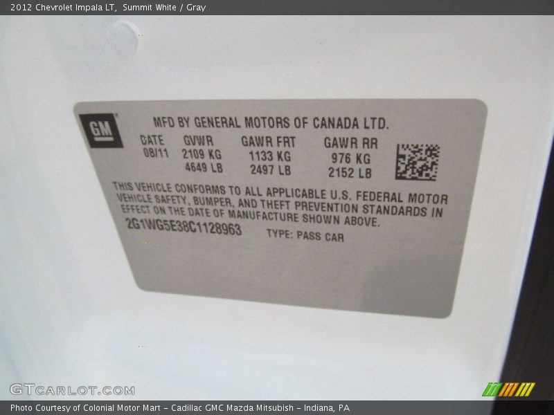 Summit White / Gray 2012 Chevrolet Impala LT