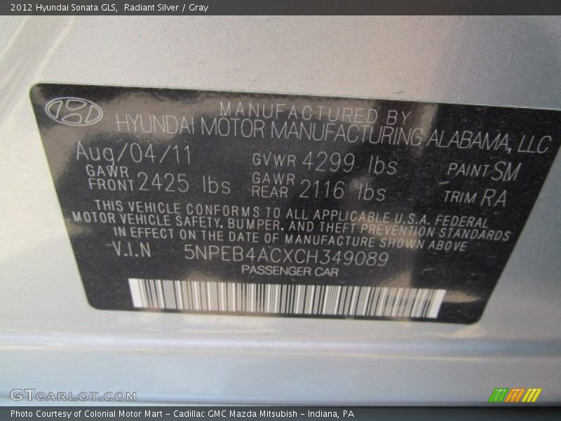 Radiant Silver / Gray 2012 Hyundai Sonata GLS
