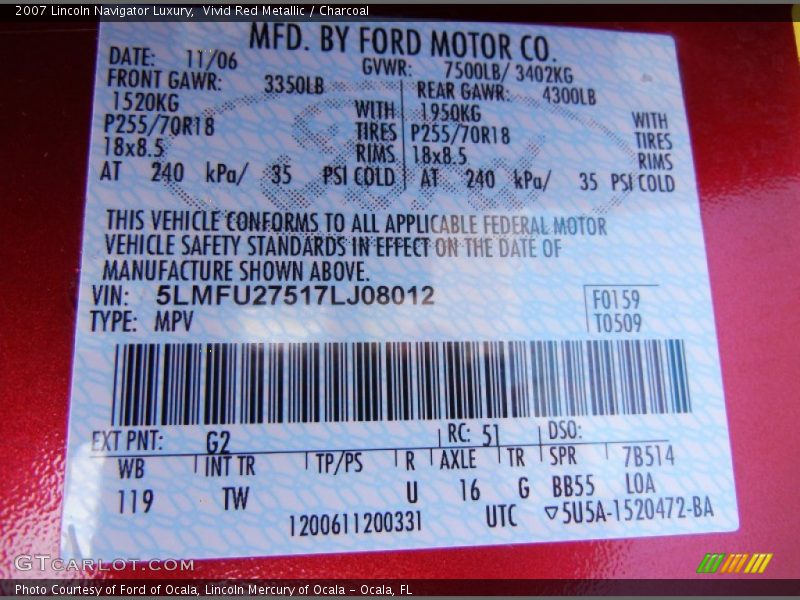 Vivid Red Metallic / Charcoal 2007 Lincoln Navigator Luxury