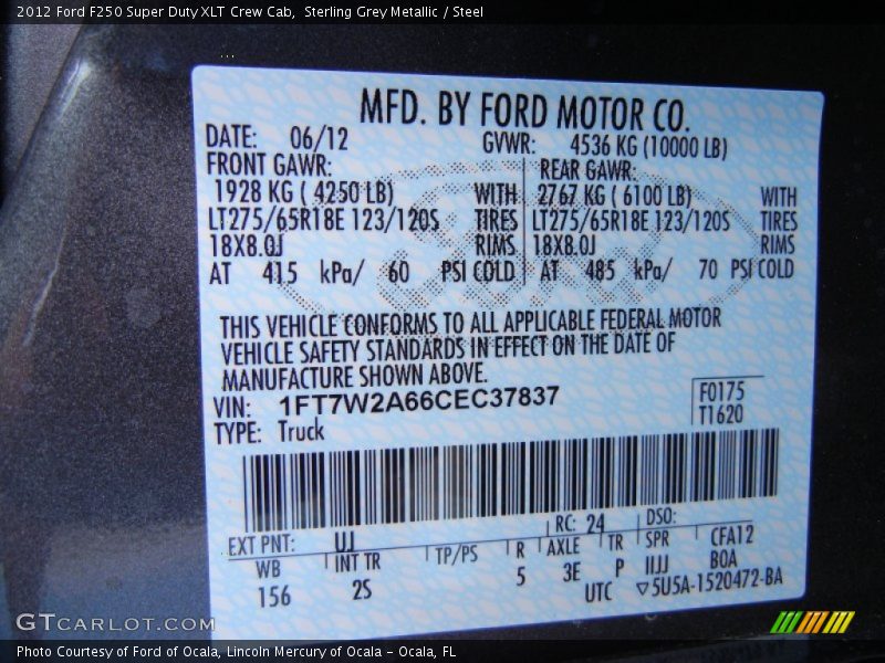 2012 F250 Super Duty XLT Crew Cab Sterling Grey Metallic Color Code UJ