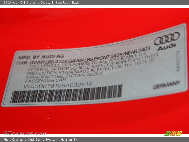 Brilliant Red / Black 2009 Audi A5 3.2 quattro Coupe