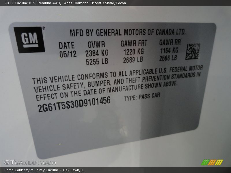 Info Tag of 2013 XTS Premium AWD