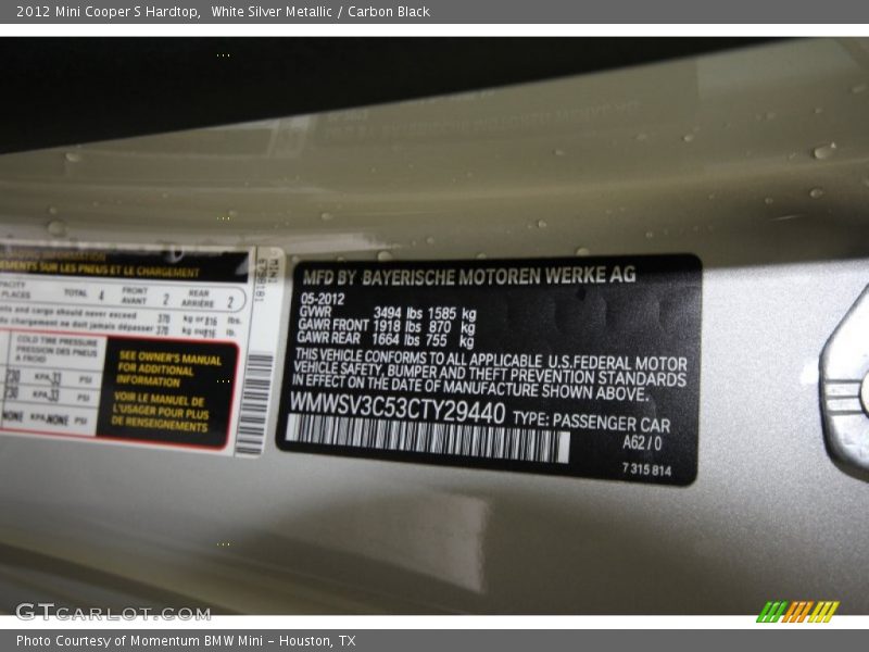 White Silver Metallic / Carbon Black 2012 Mini Cooper S Hardtop