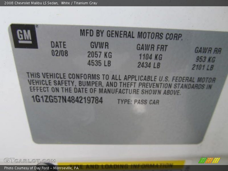 White / Titanium Gray 2008 Chevrolet Malibu LS Sedan