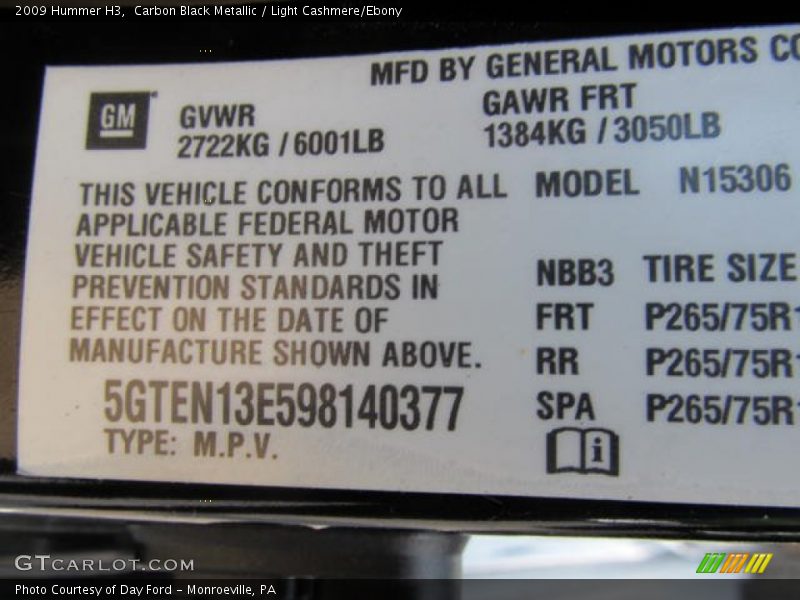 Carbon Black Metallic / Light Cashmere/Ebony 2009 Hummer H3