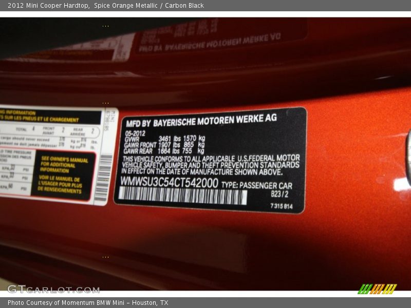 2012 Cooper Hardtop Spice Orange Metallic Color Code B23