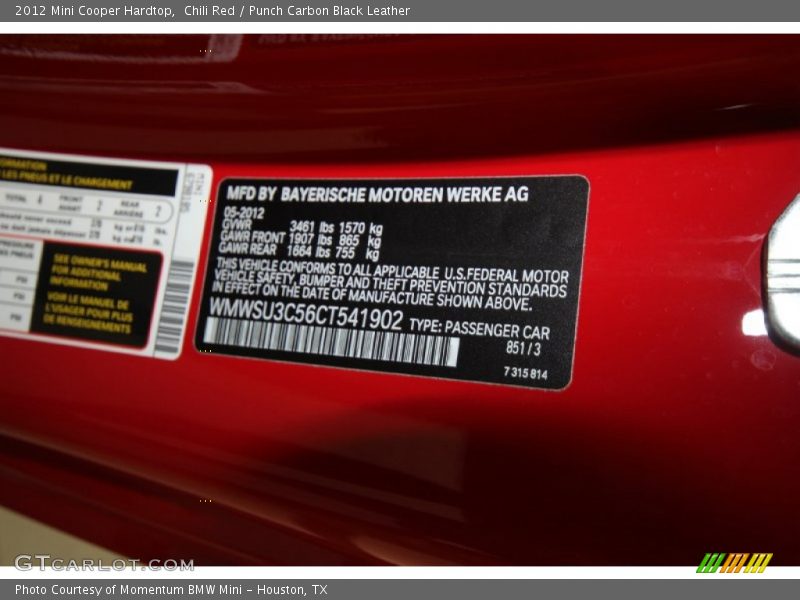 Chili Red / Punch Carbon Black Leather 2012 Mini Cooper Hardtop