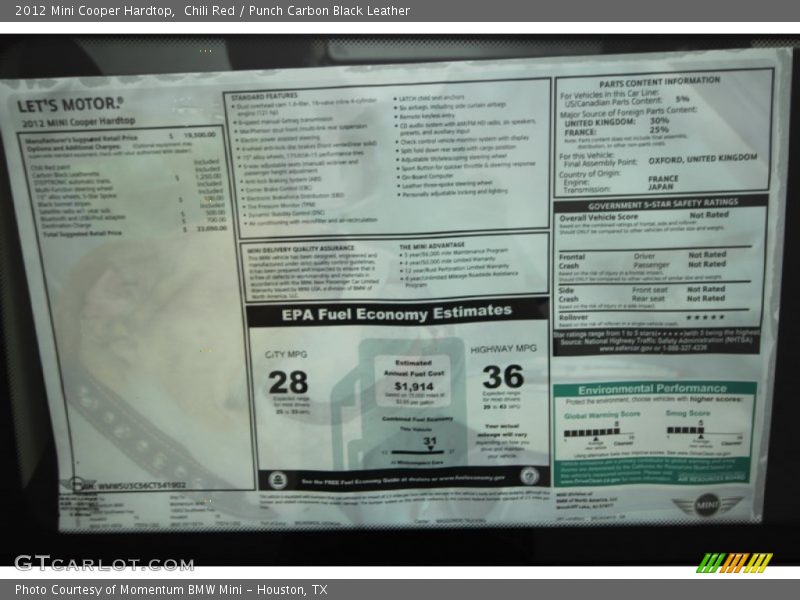 Chili Red / Punch Carbon Black Leather 2012 Mini Cooper Hardtop
