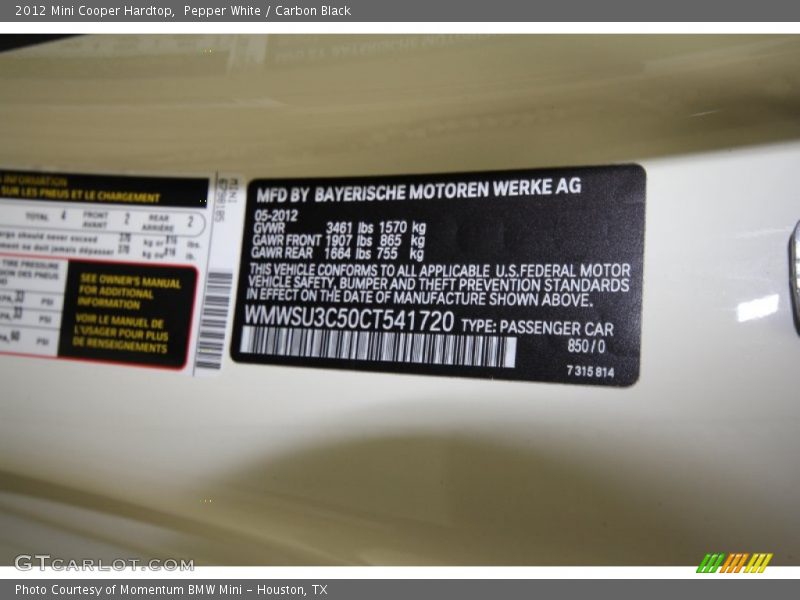 Pepper White / Carbon Black 2012 Mini Cooper Hardtop