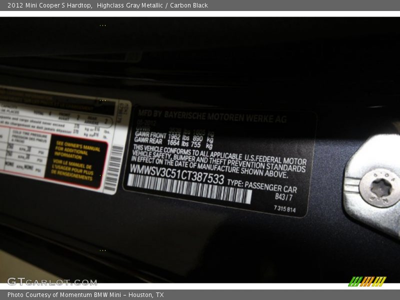 Highclass Gray Metallic / Carbon Black 2012 Mini Cooper S Hardtop