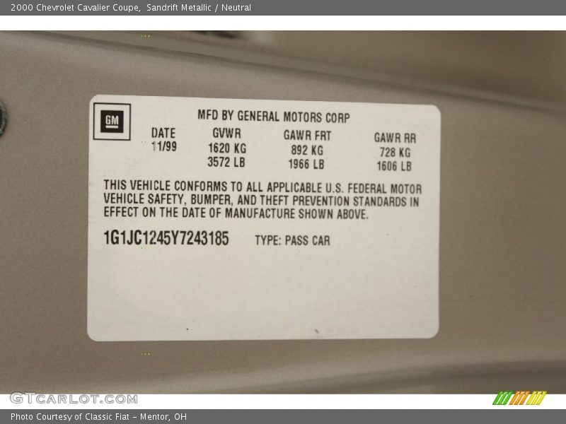 Sandrift Metallic / Neutral 2000 Chevrolet Cavalier Coupe